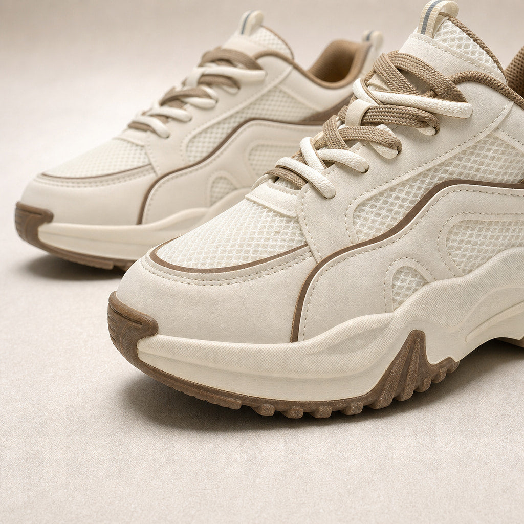 Chunky Platform Panel Lace-up Sneakers For Women Cream – Fabric and Detail Close-Up