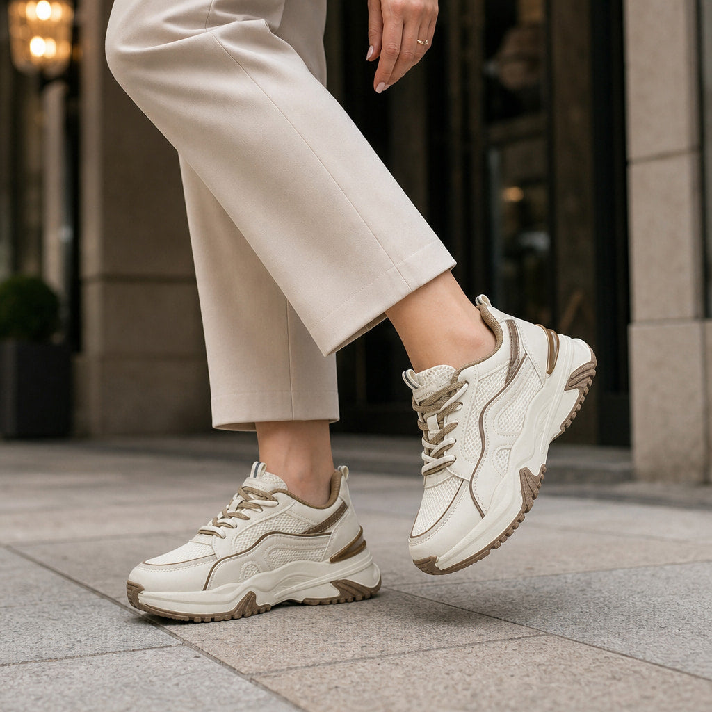 Chunky Platform Panel Lace-up Sneakers For Women Cream – Full Look