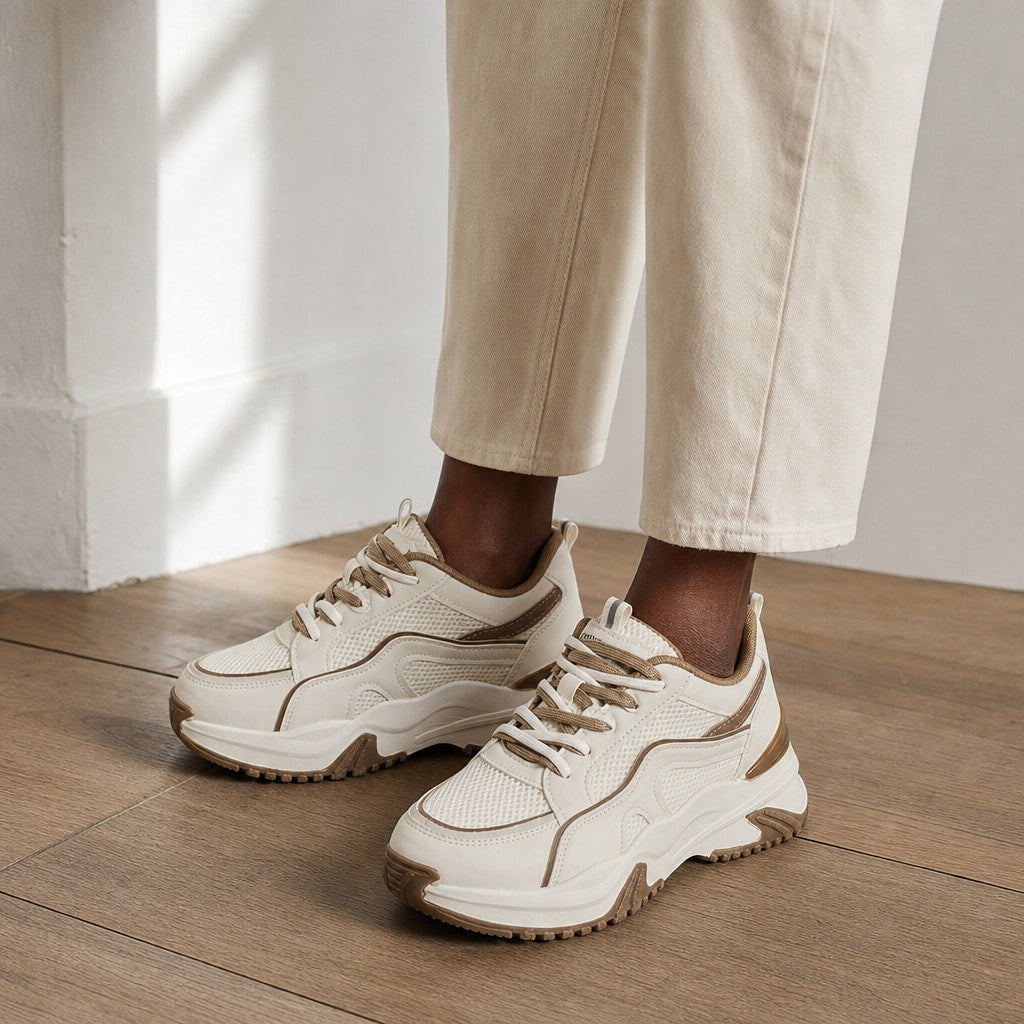 Chunky Platform Panel Lace-up Sneakers For Women Cream – Styled Editorial Shot, Detail