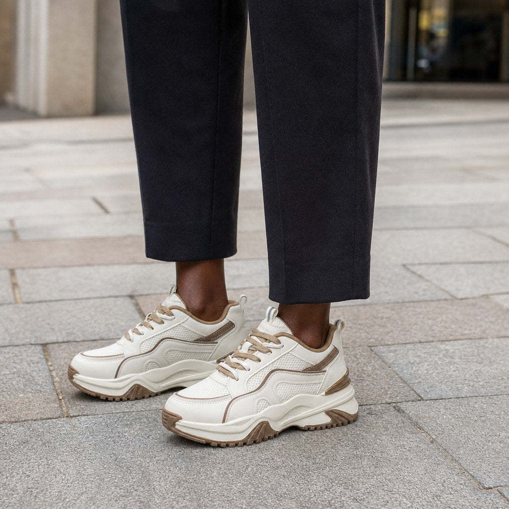 Chunky Platform Panel Lace-up Sneakers For Women Cream – Styled Editorial Shot