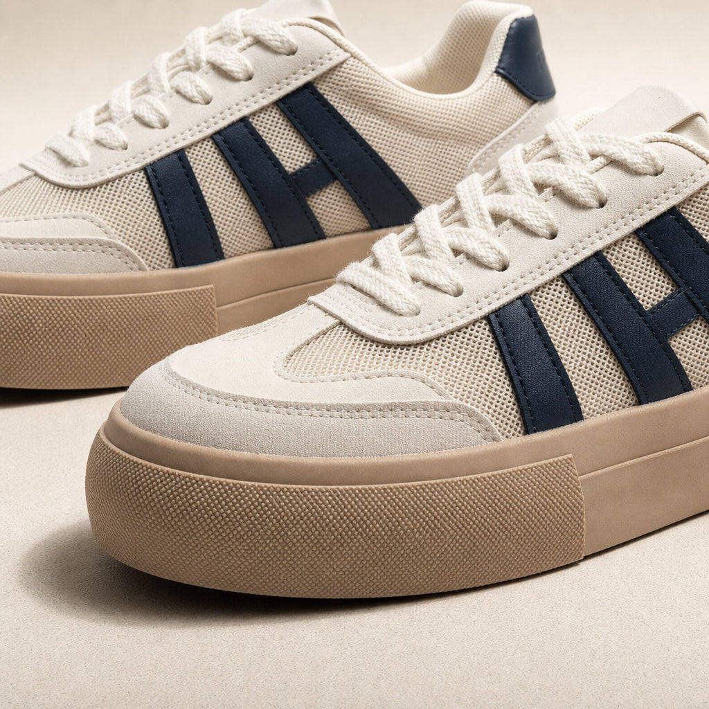 Chunky Platform Retro-Inspired Lace-Up Sneakers For Women Navy Blue – Fabric and Detail Close-Up