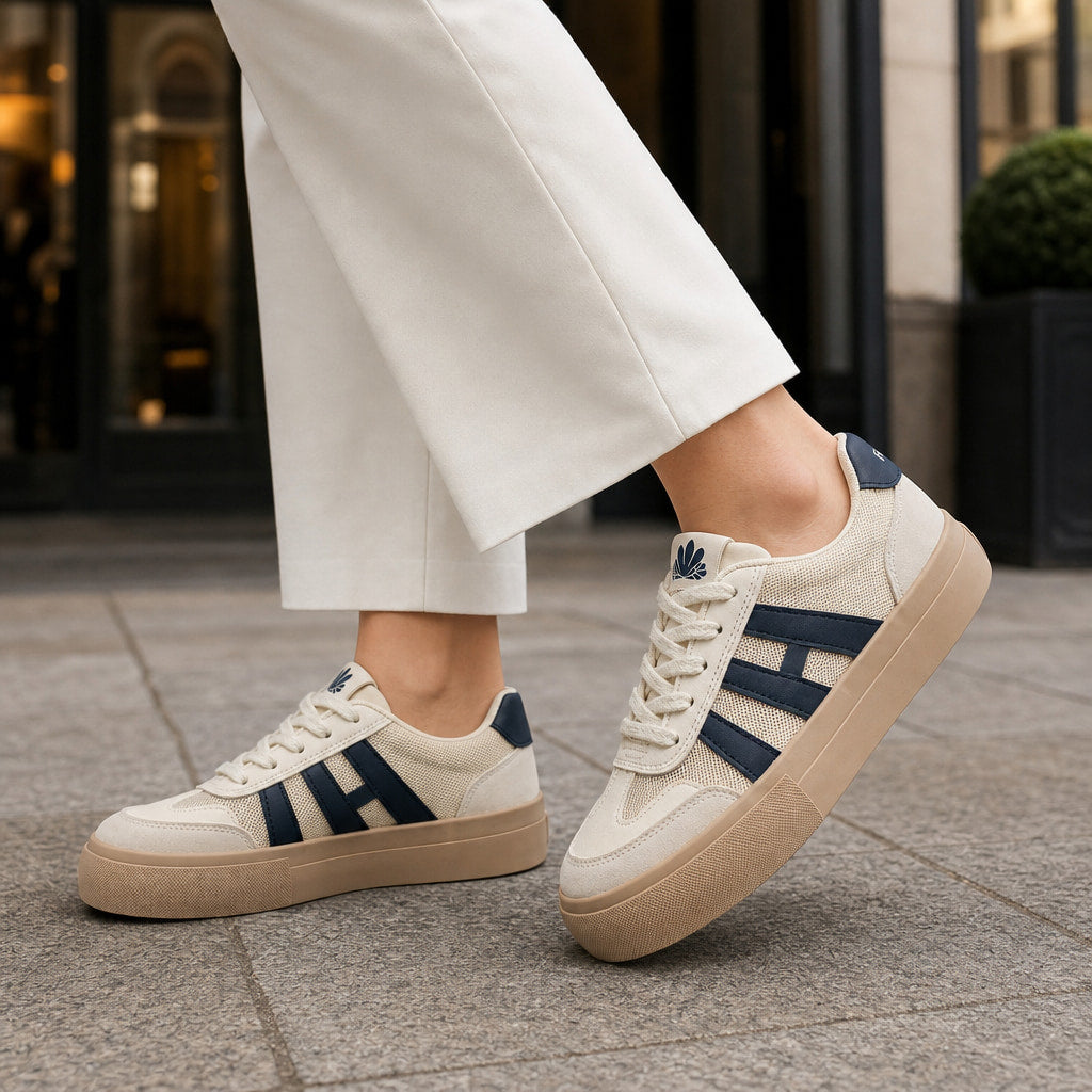 Chunky Platform Retro-Inspired Lace-Up Sneakers For Women Navy Blue – Full Look