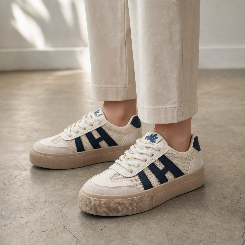 Chunky Platform Retro-Inspired Lace-Up Sneakers For Women Navy Blue – Styled Editorial Shot, Detail