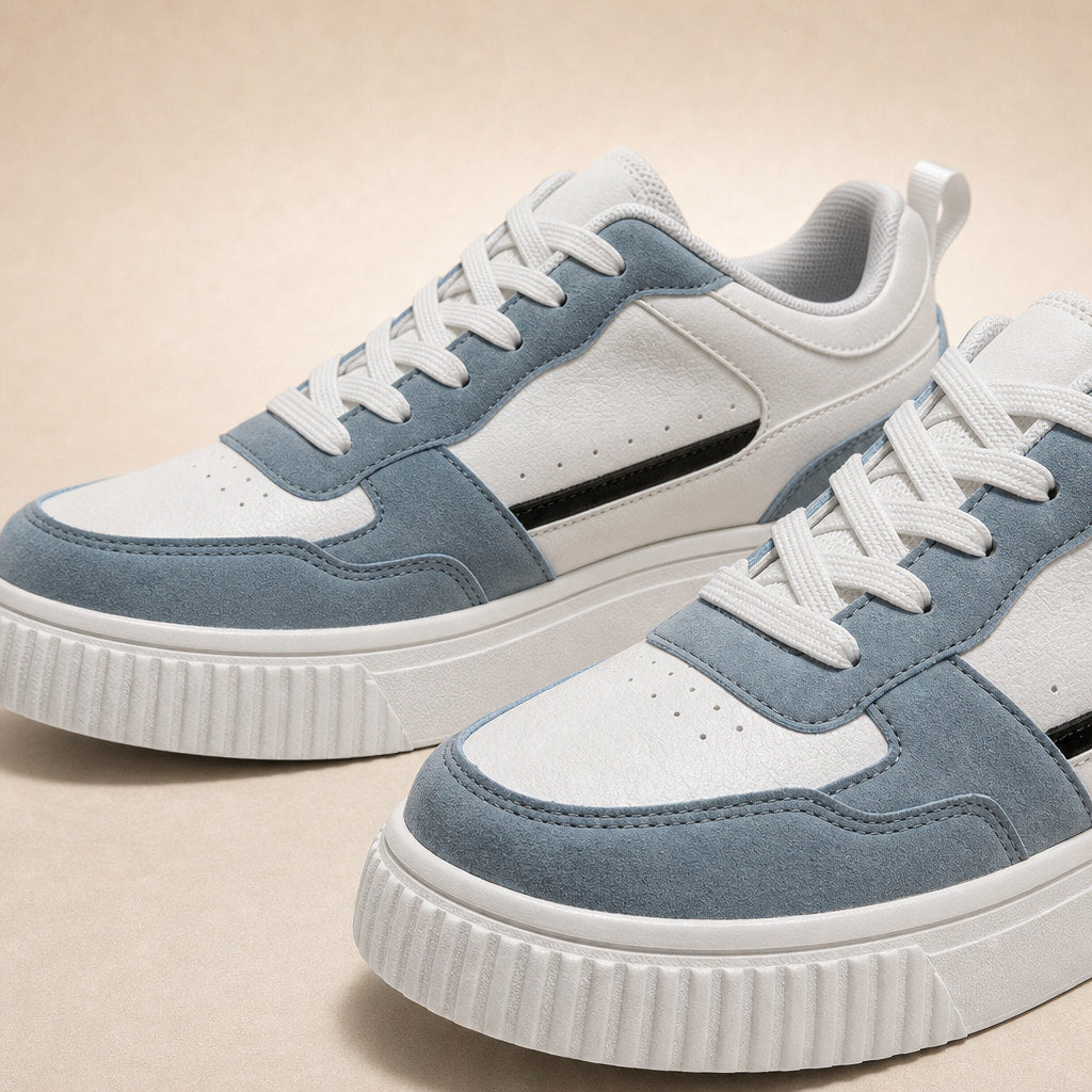 Chunky Sole Colorblock Low-top Lace-up Sneakers For Women Light Blue – Fabric and Detail Close-Up