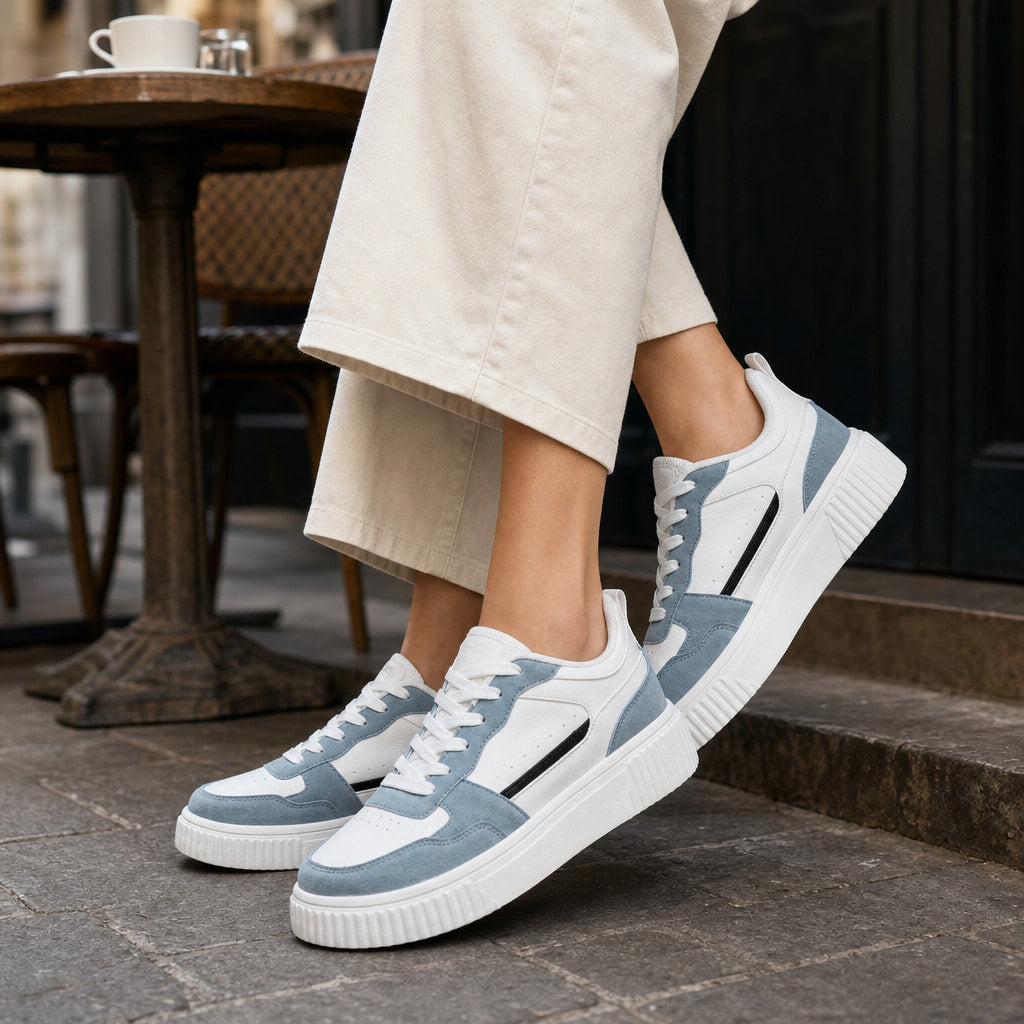 Chunky Sole Colorblock Low-top Lace-up Sneakers For Women Light Blue – Full Look
