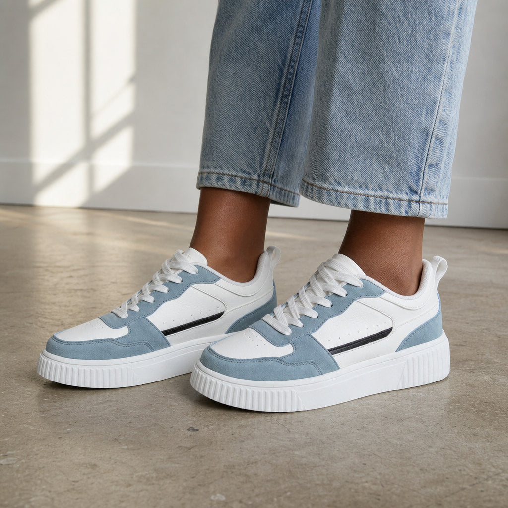 Chunky Sole Colorblock Low-top Lace-up Sneakers For Women Light Blue – Styled Editorial Shot, Detail