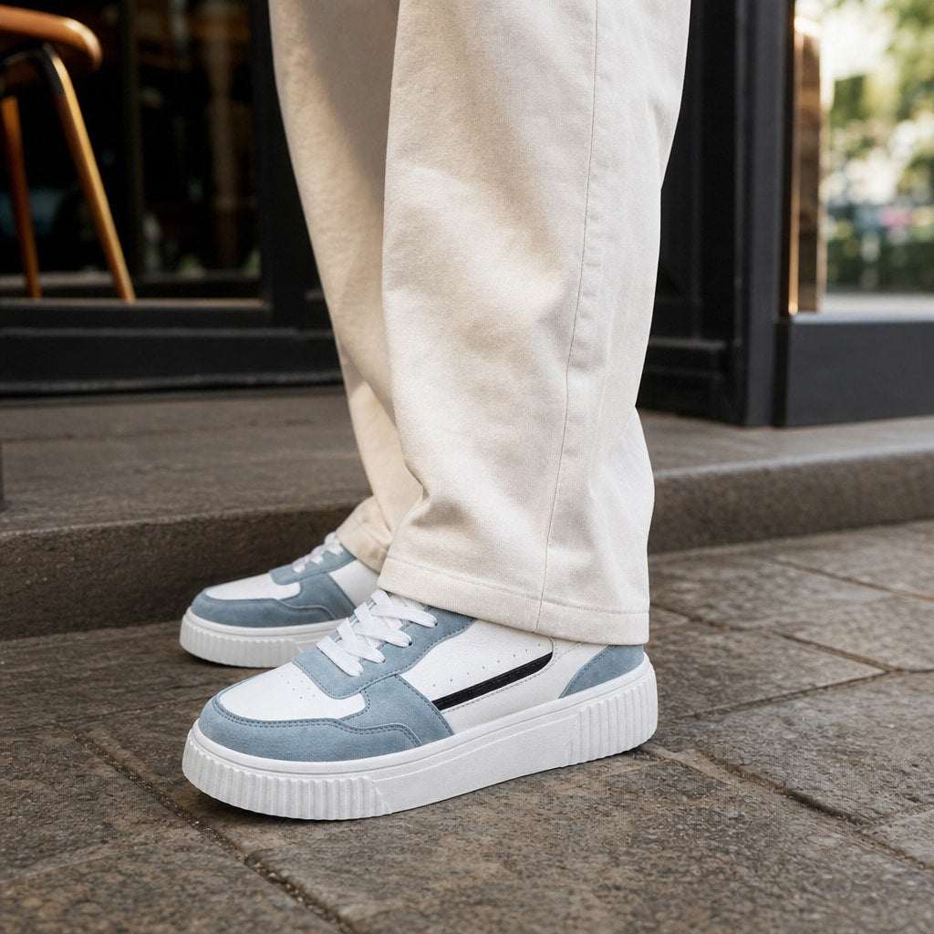 Chunky Sole Colorblock Low-top Lace-up Sneakers For Women Light Blue – Styled Editorial Shot