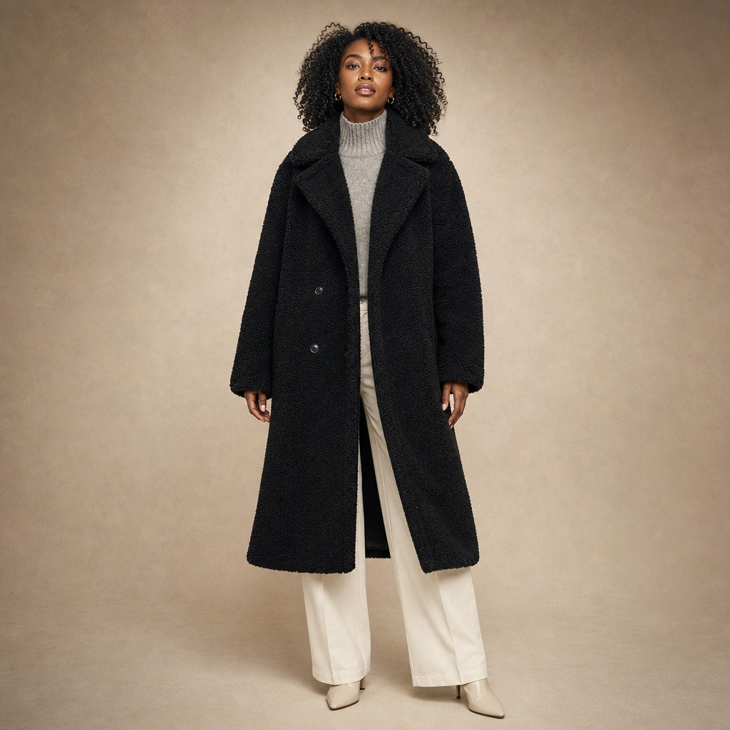 Comfortable Winter Long Teddy Coat For Women in Black – Mampierimoda Premium Womenswear
