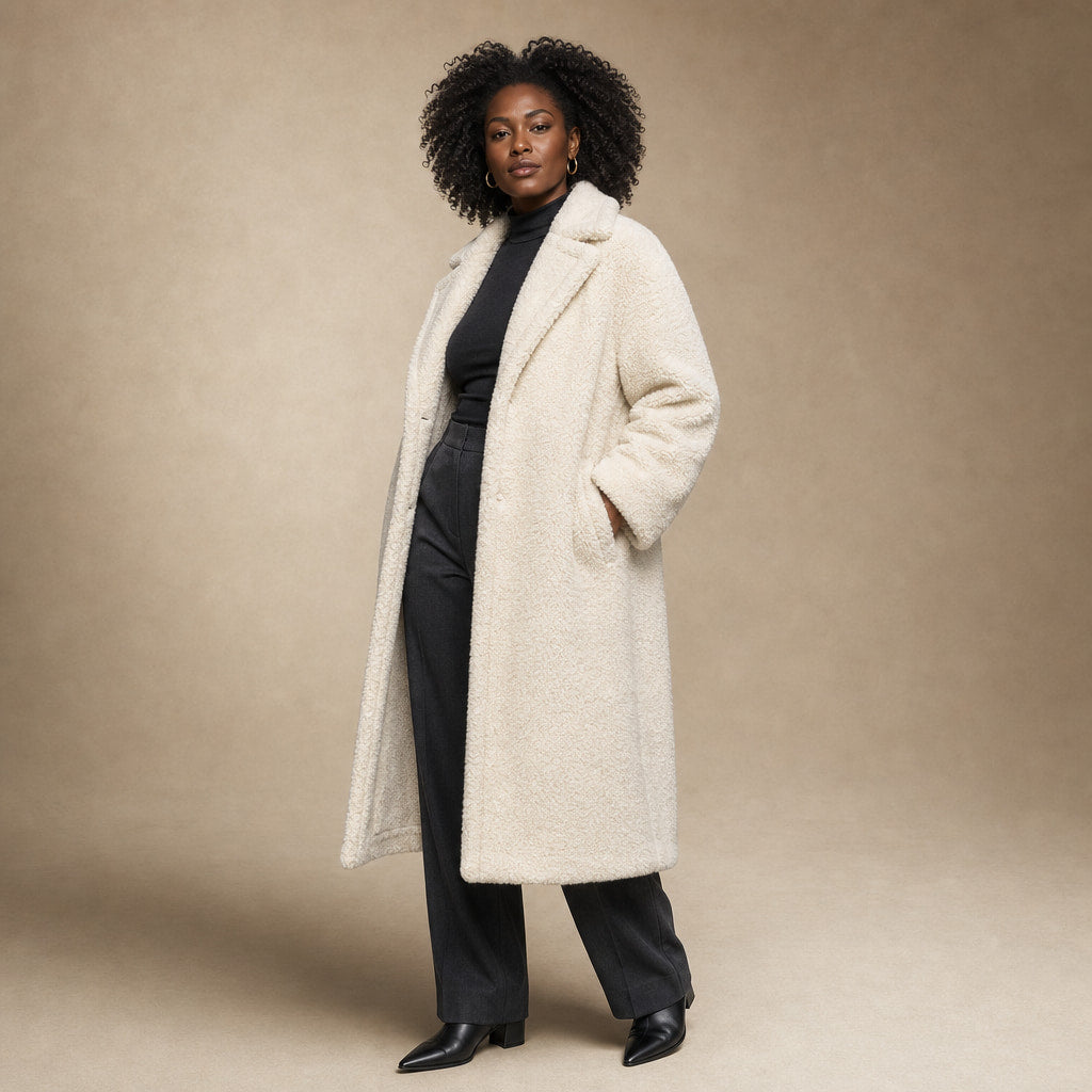Comfortable Winter Long Teddy Coat For Women Off-white – Side Angle View