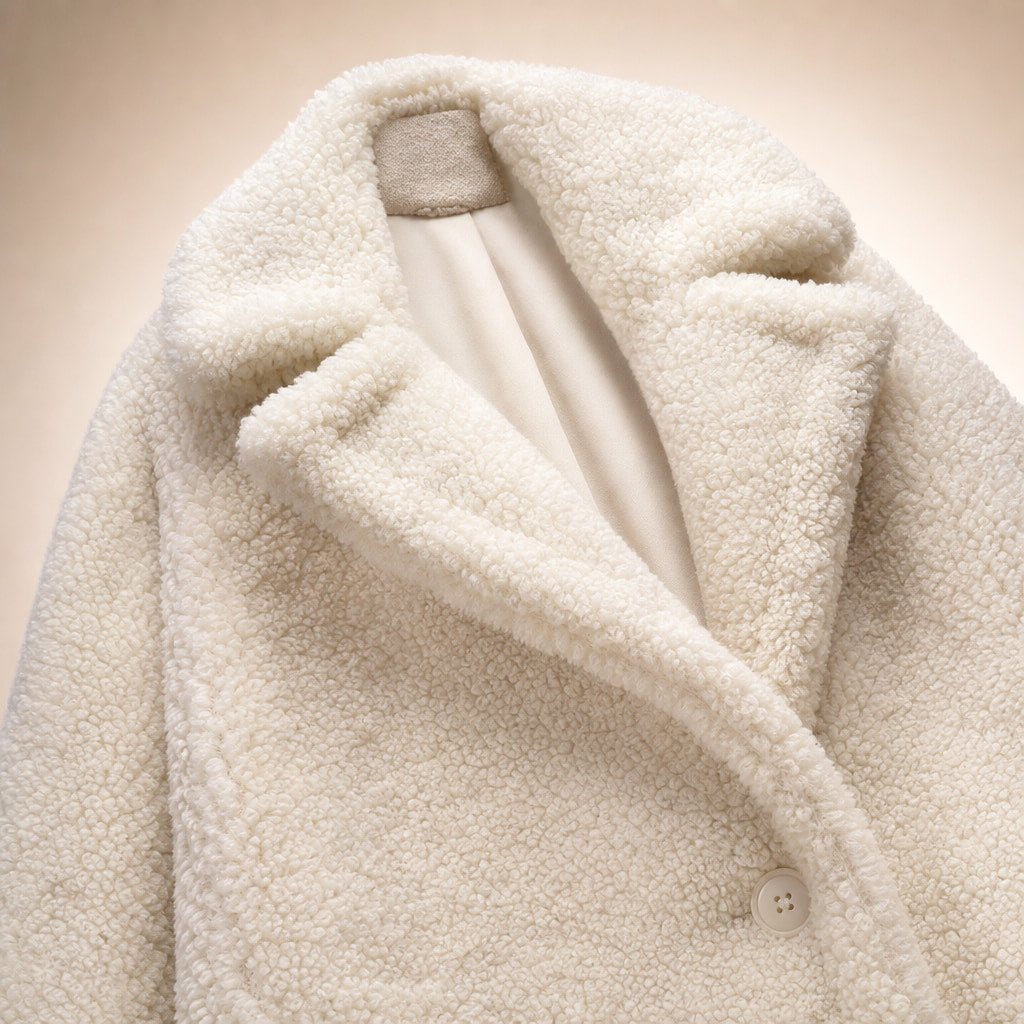 Comfortable Winter Long Teddy Coat For Women Off-white – Fabric and Detail Close-Up