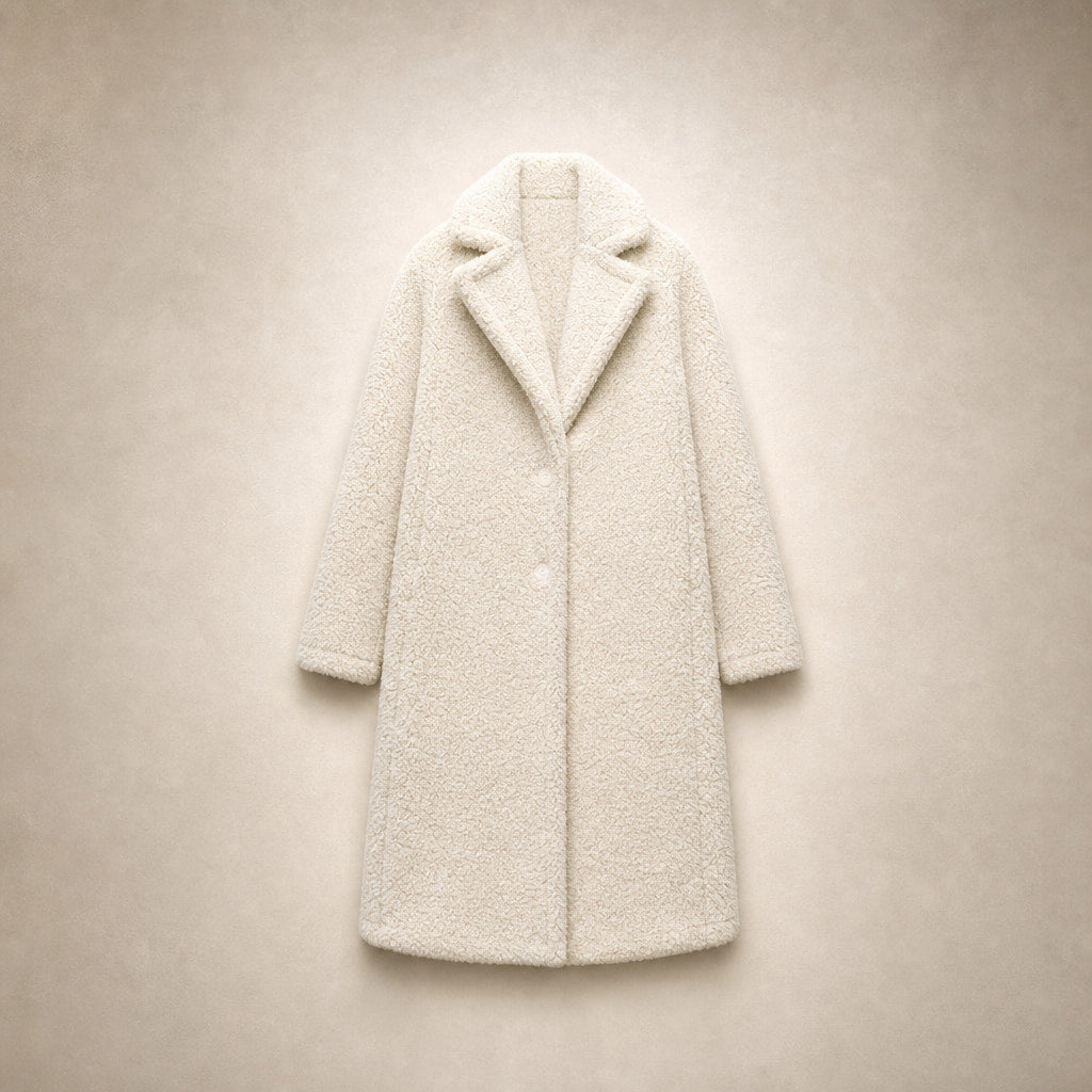 Comfortable Winter Long Teddy Coat For Women Off-white – Flat Lay Product Photo