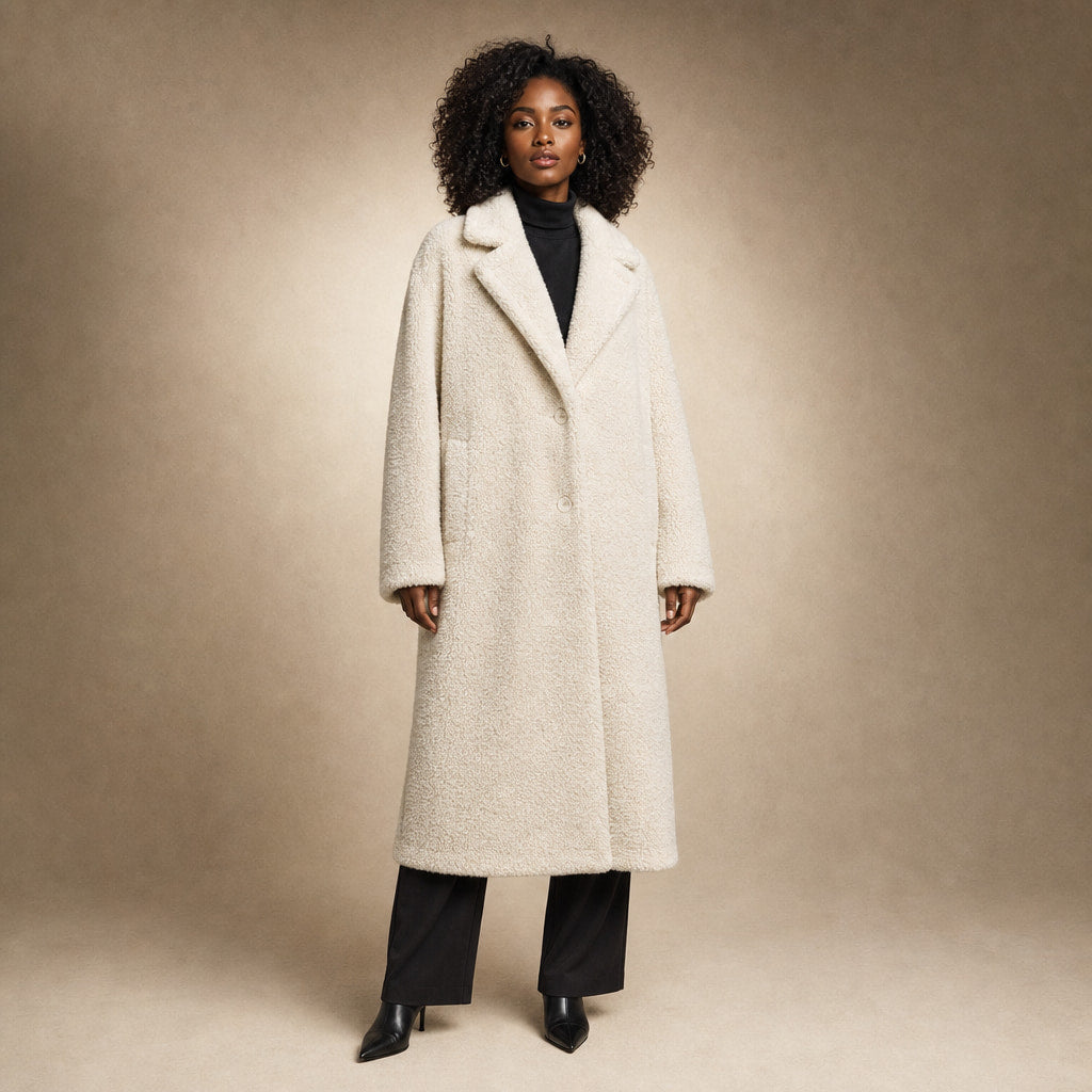 Comfortable Winter Long Teddy Coat For Women in Off-white – Mampierimoda Premium Womenswear