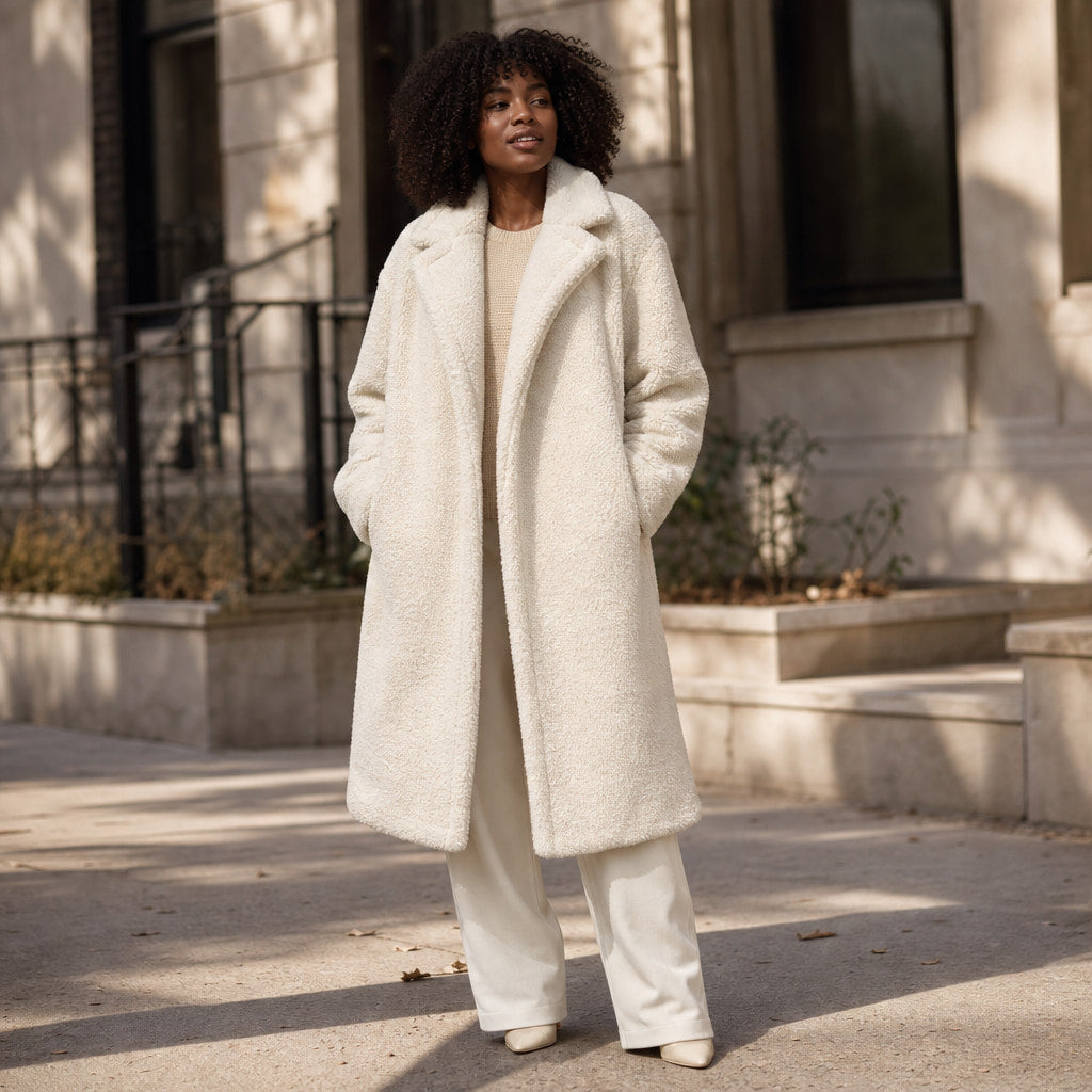 Comfortable Winter Long Teddy Coat For Women Off-white – Styled Editorial Shot