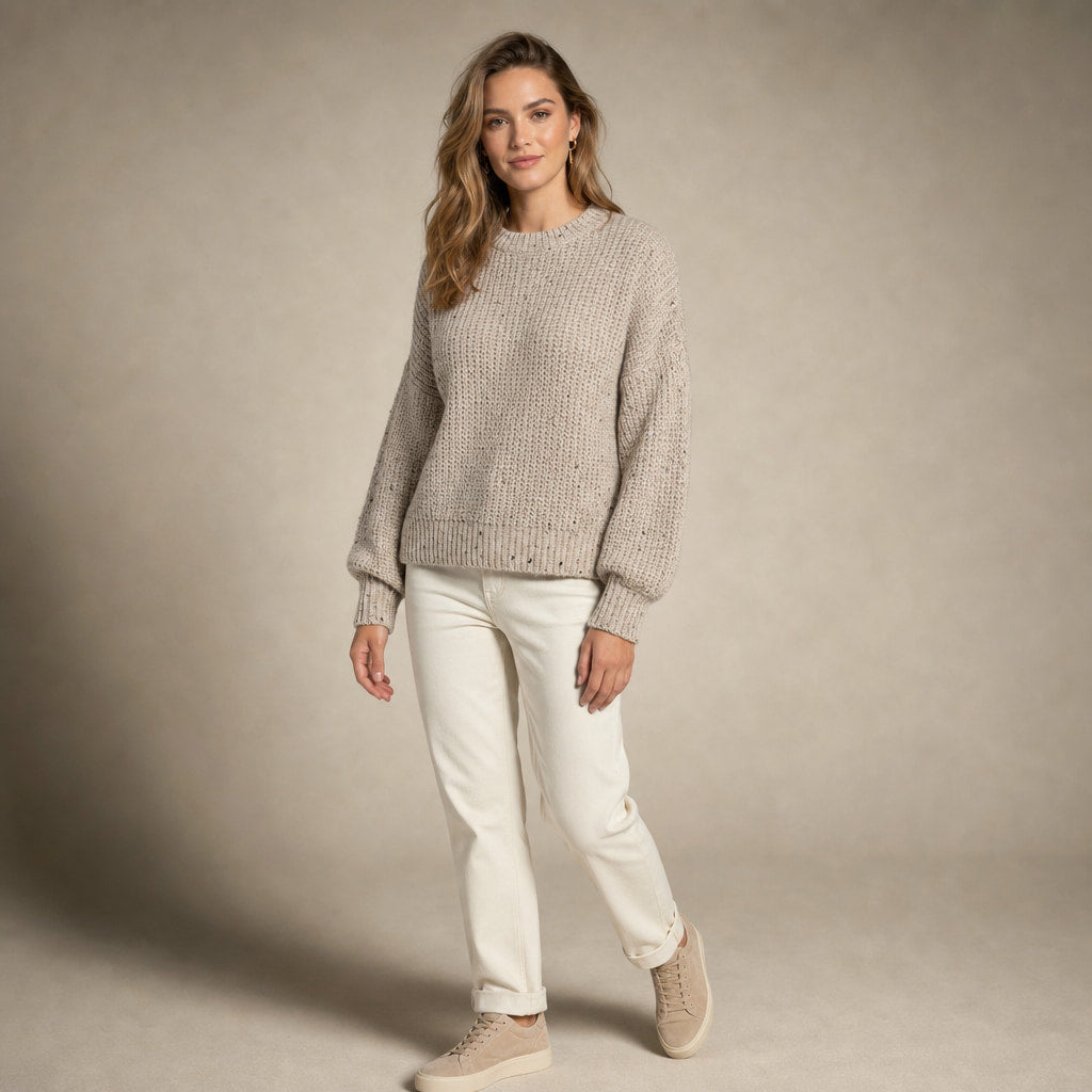 Cozy Retro Knit Sweater For Women Beige – Side Angle View