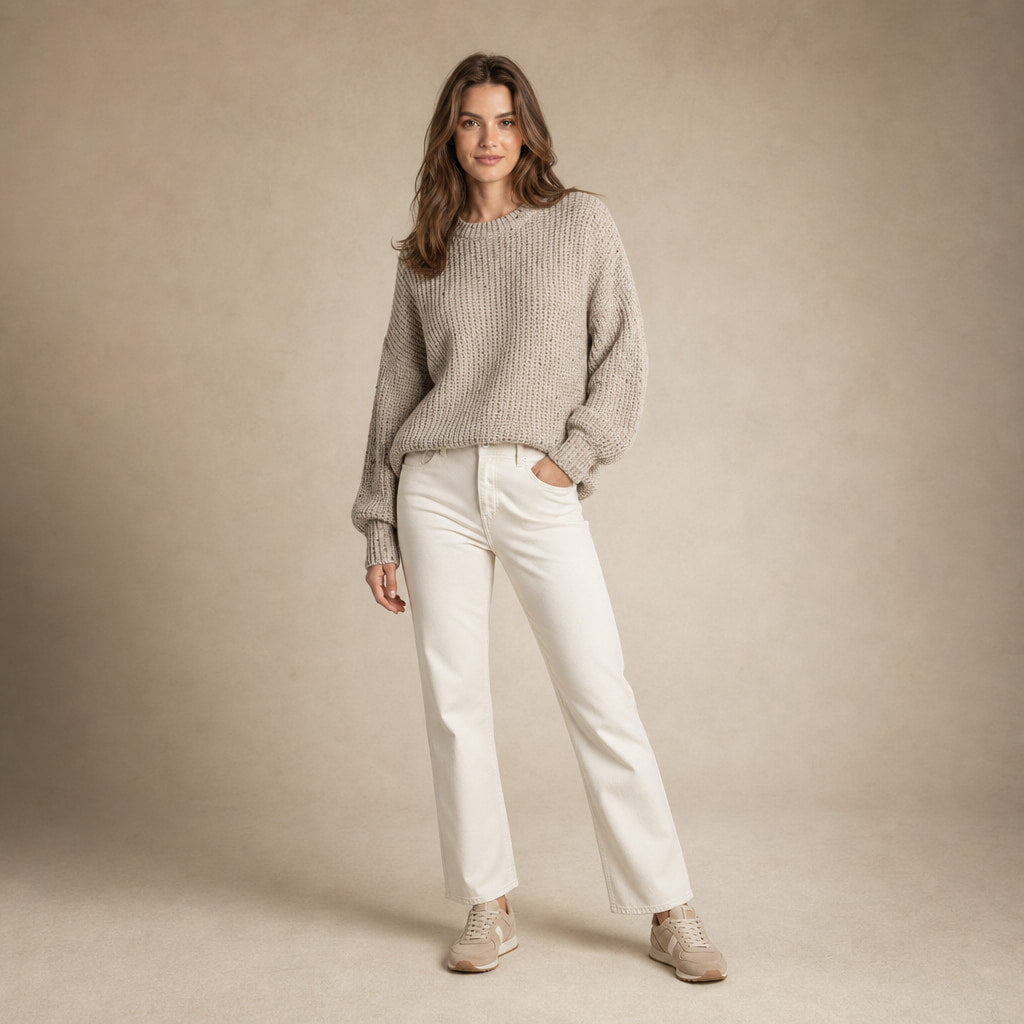 Cozy Retro Knit Sweater For Women Beige – Full Look