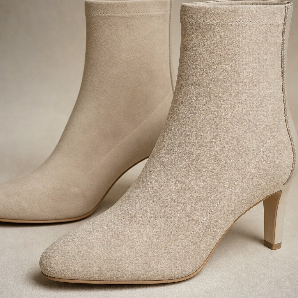 Elegant High Heel Ankle Boots For Women Beige – Fabric and Detail Close-Up