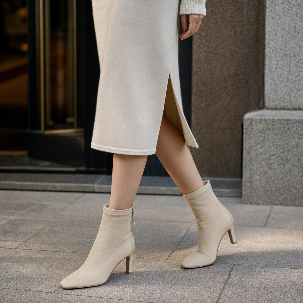 Elegant High Heel Ankle Boots For Women Beige – Styled Editorial Shot