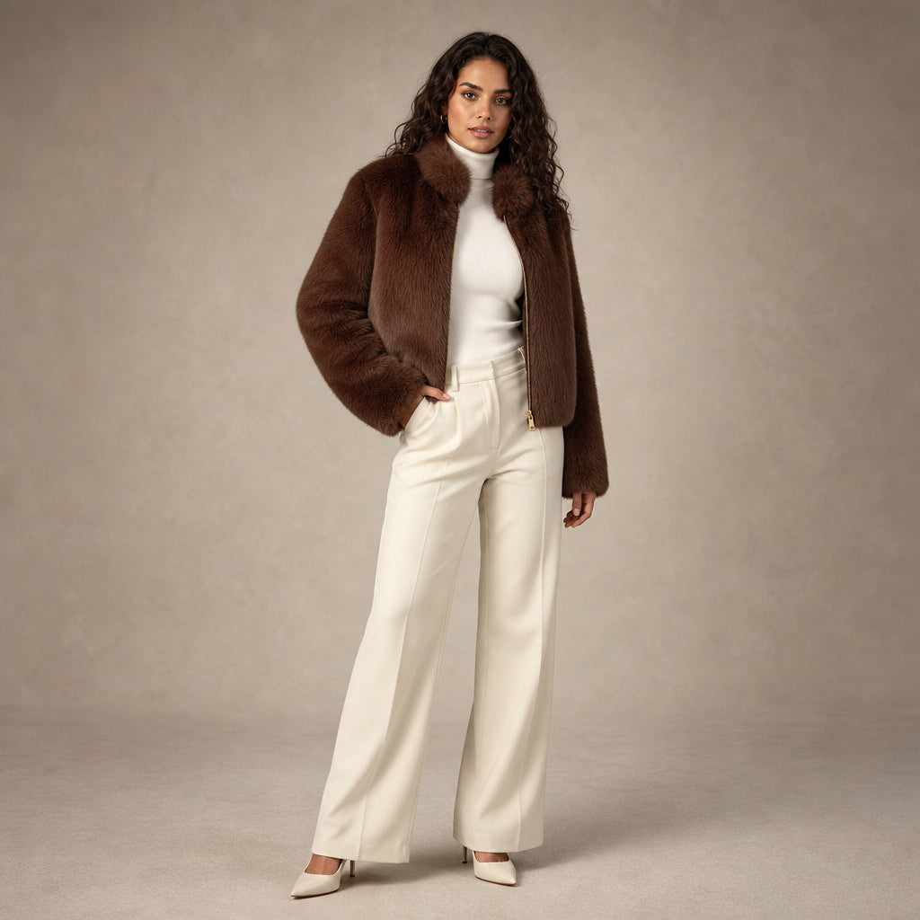 Faux Fur Short Jacket For Women Brown – Side Angle View