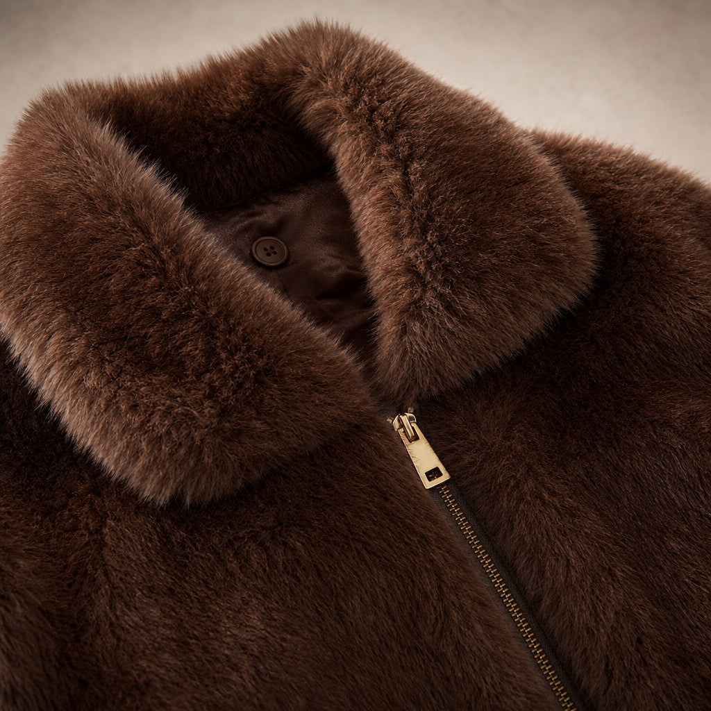 Faux Fur Short Jacket For Women Brown – Fabric and Detail Close-Up