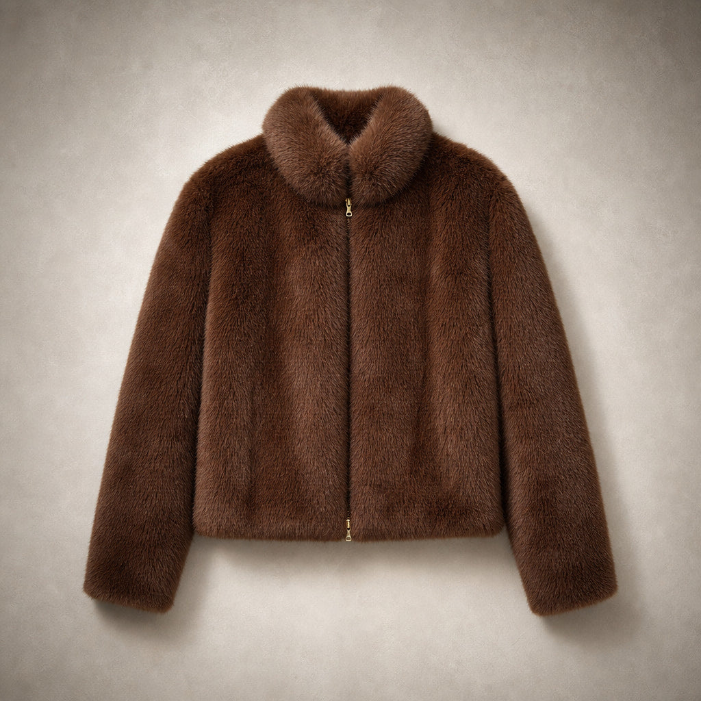 Faux Fur Short Jacket For Women Brown – Flat Lay Product Photo