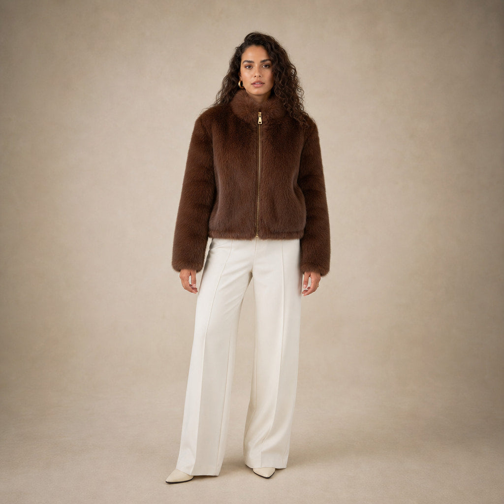 Faux Fur Short Jacket For Women in Brown – Mampierimoda Premium Womenswear
