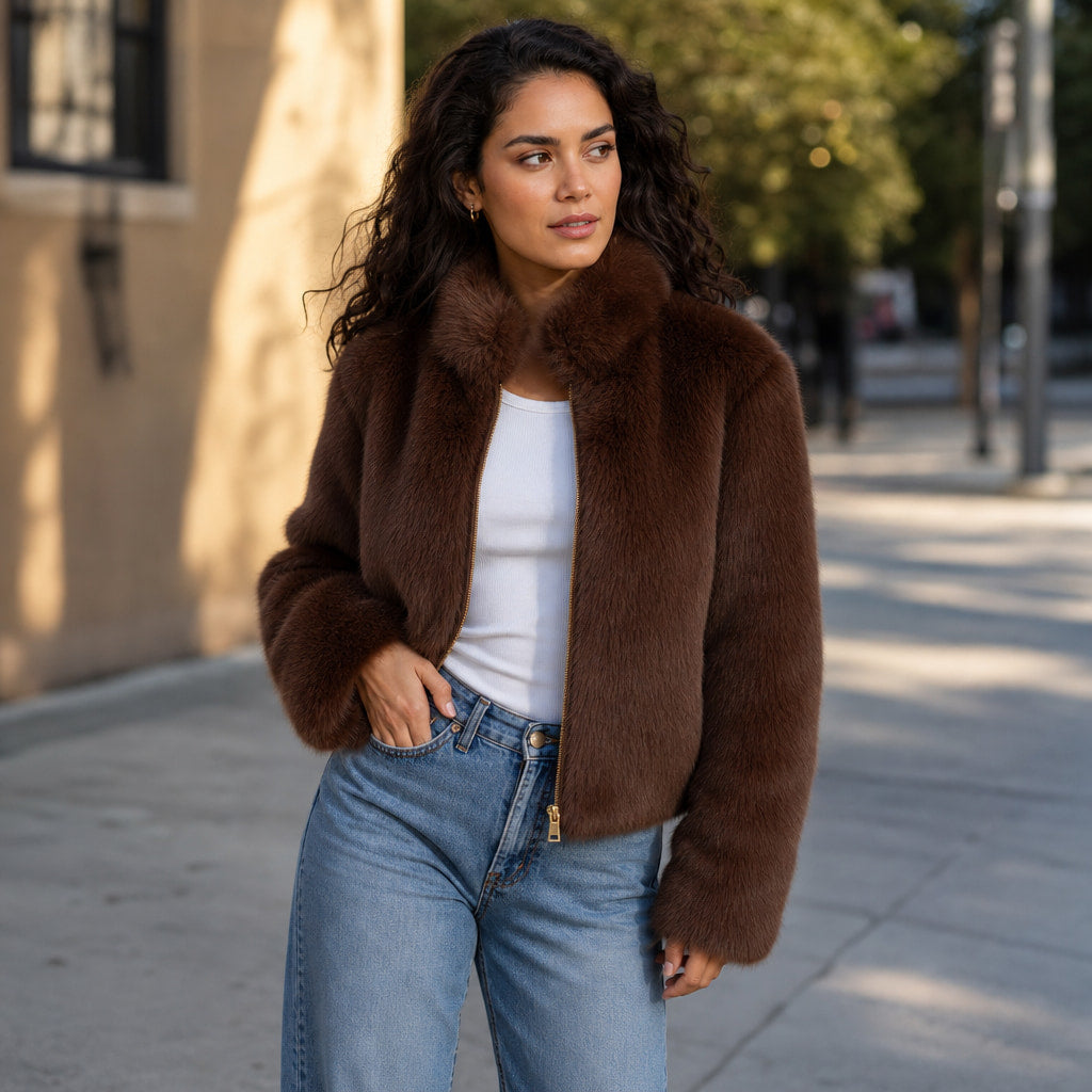 Faux Fur Short Jacket For Women Brown – Styled Editorial Shot