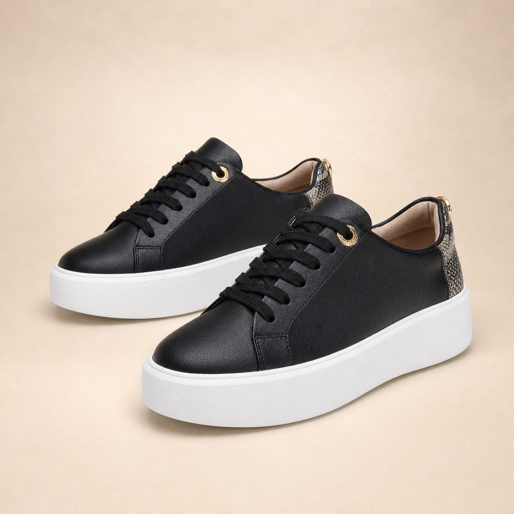 Gold Chain Platform Lace-Up Casual Sneakers For Women Black – Product Photo