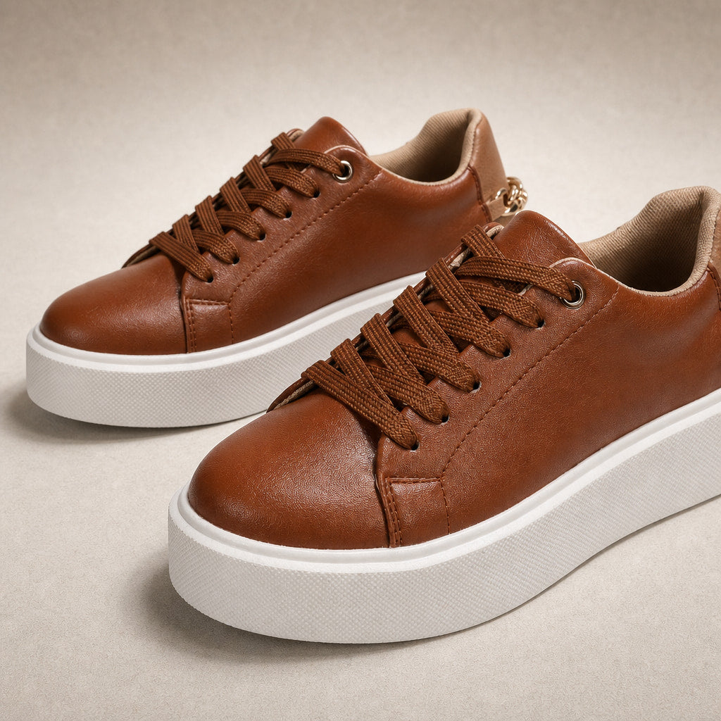 Gold Chain Platform Lace-Up Casual Sneakers For Women Brown – Fabric and Detail Close-Up