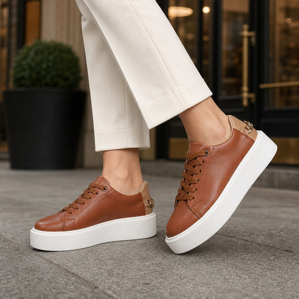 Gold Chain Platform Lace-Up Casual Sneakers For Women Brown – Full Look