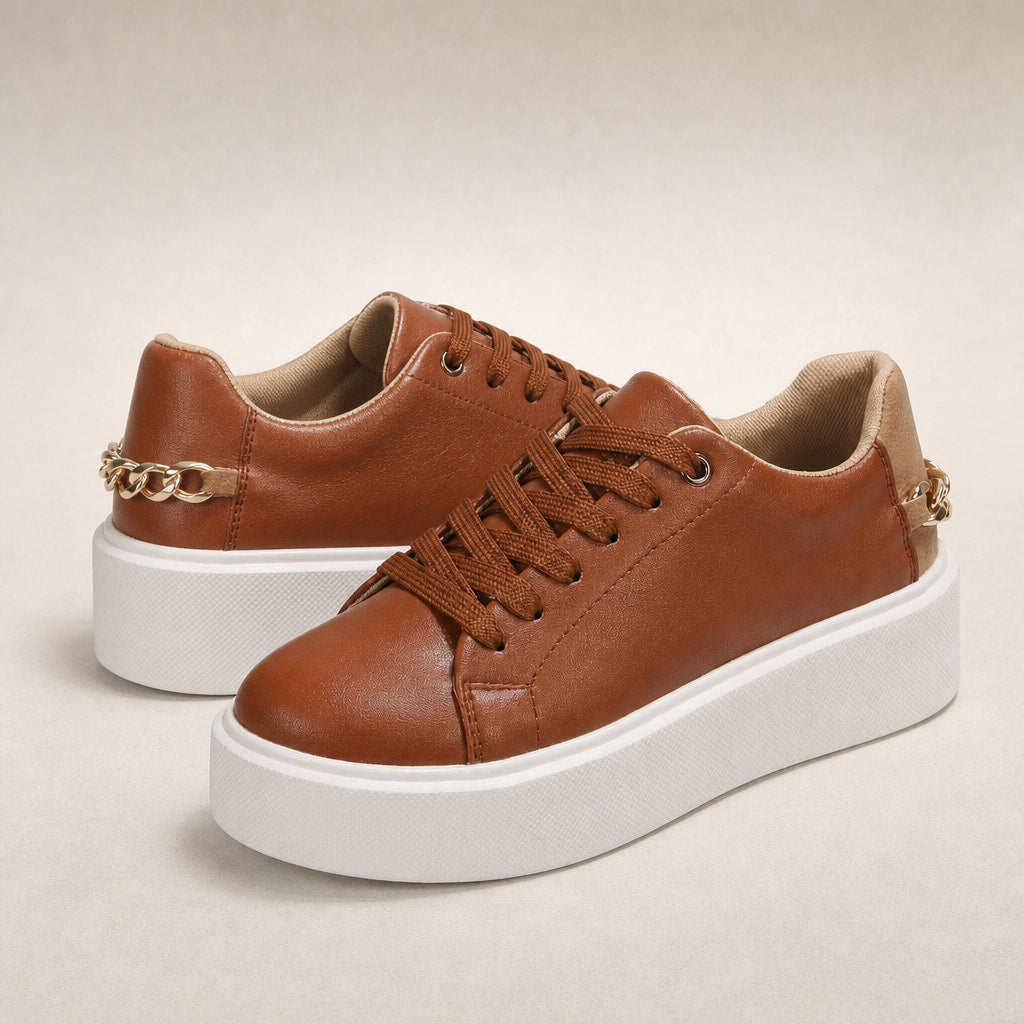 Gold Chain Platform Lace-Up Casual Sneakers For Women Brown – Product Photo
