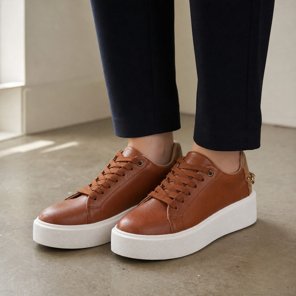 Gold Chain Platform Lace-Up Casual Sneakers For Women Brown – Styled Editorial Shot, Detail