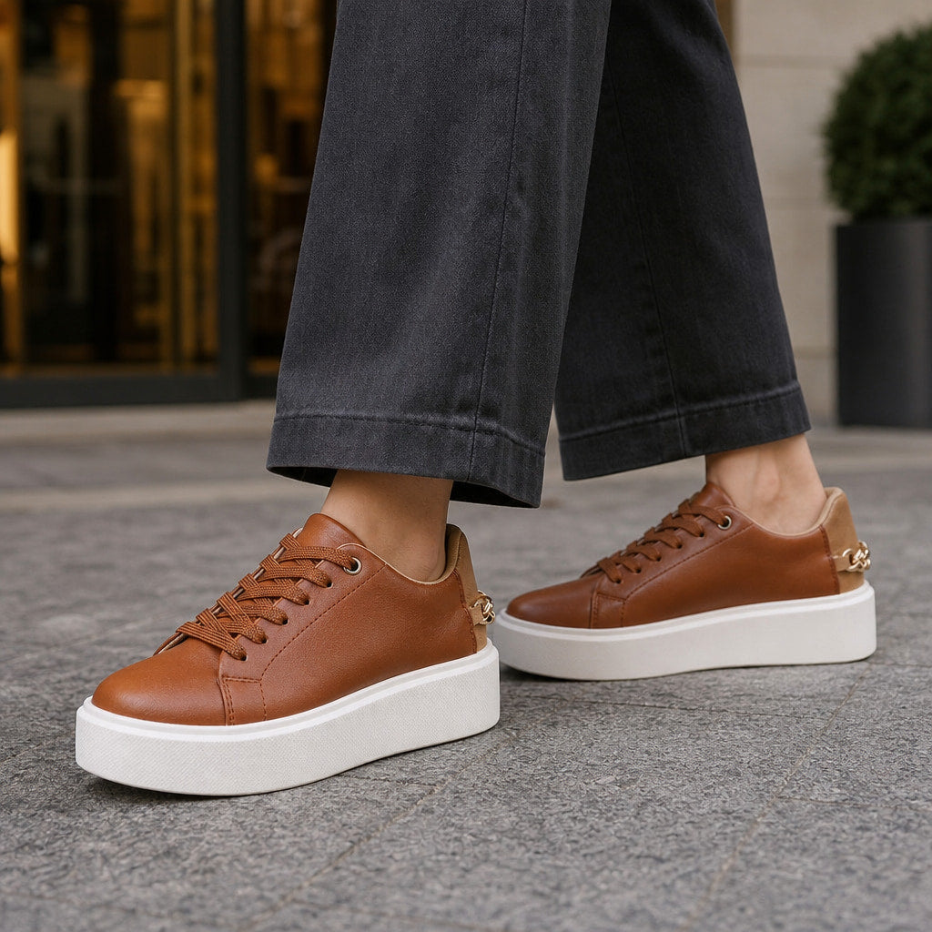 Gold Chain Platform Lace-Up Casual Sneakers For Women Brown – Styled Editorial Shot