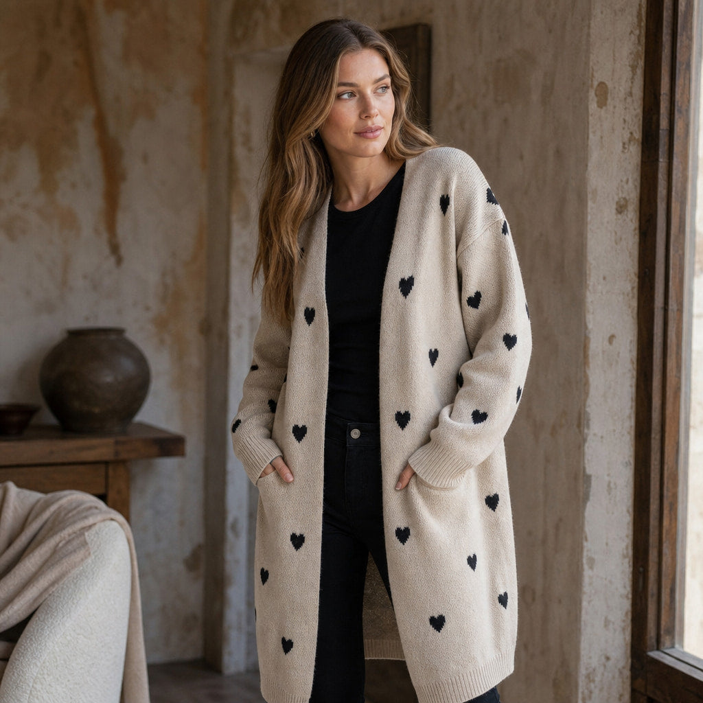 Heart Print Cardigan For Women – Styled Editorial Shot