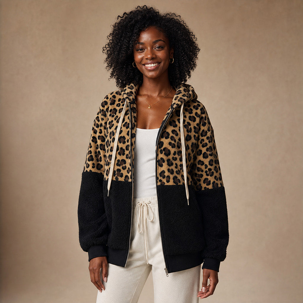 Hooded Fleece Sweatshirt with Leopard Design For Women in Black – Mampierimoda Premium Womenswear