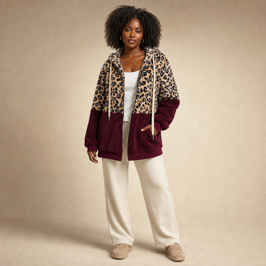 Hooded Fleece Sweatshirt with Leopard Design For Women Bordeaux – Product Photo