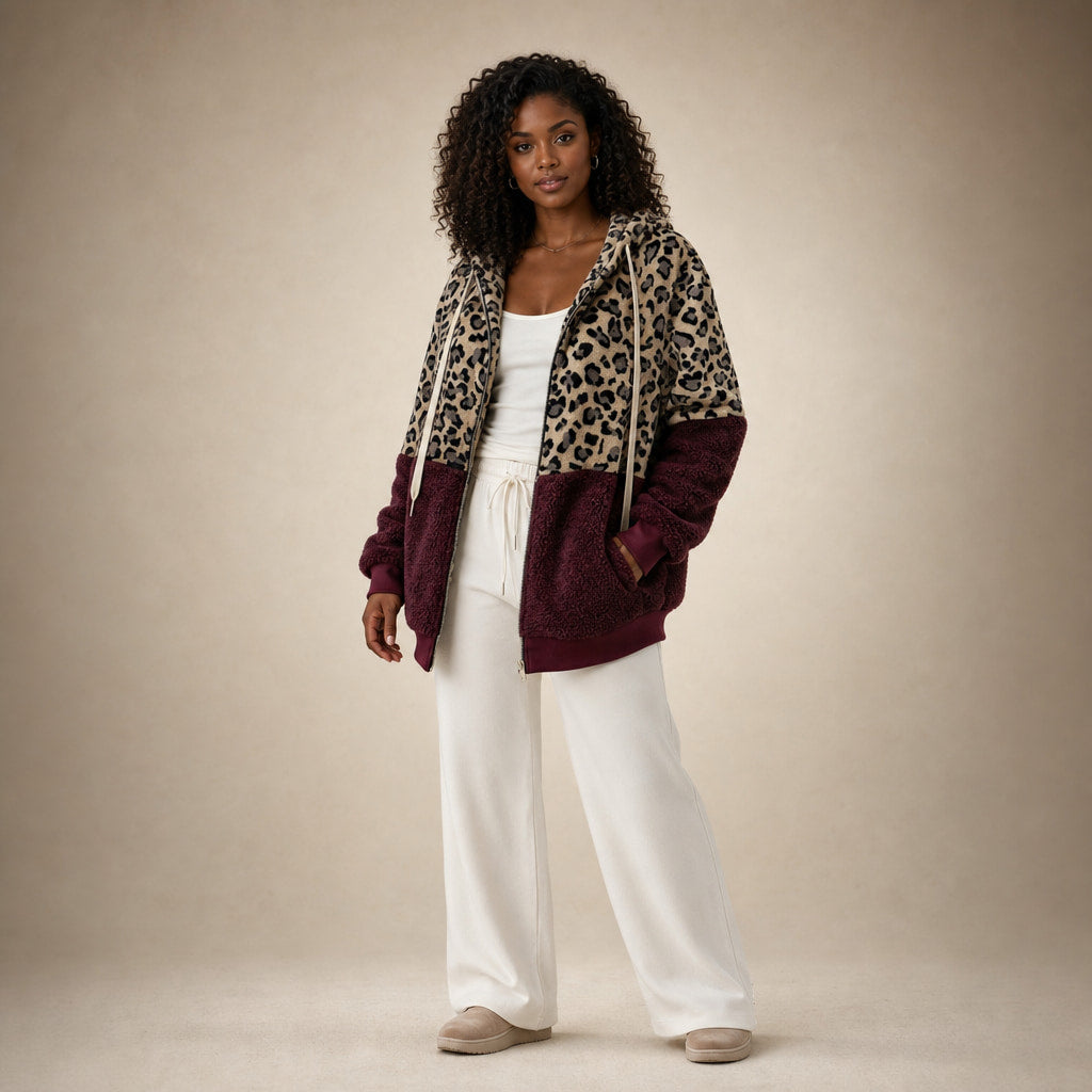 Hooded Fleece Sweatshirt with Leopard Design For Women in Bordeaux – Mampierimoda Premium Womenswear