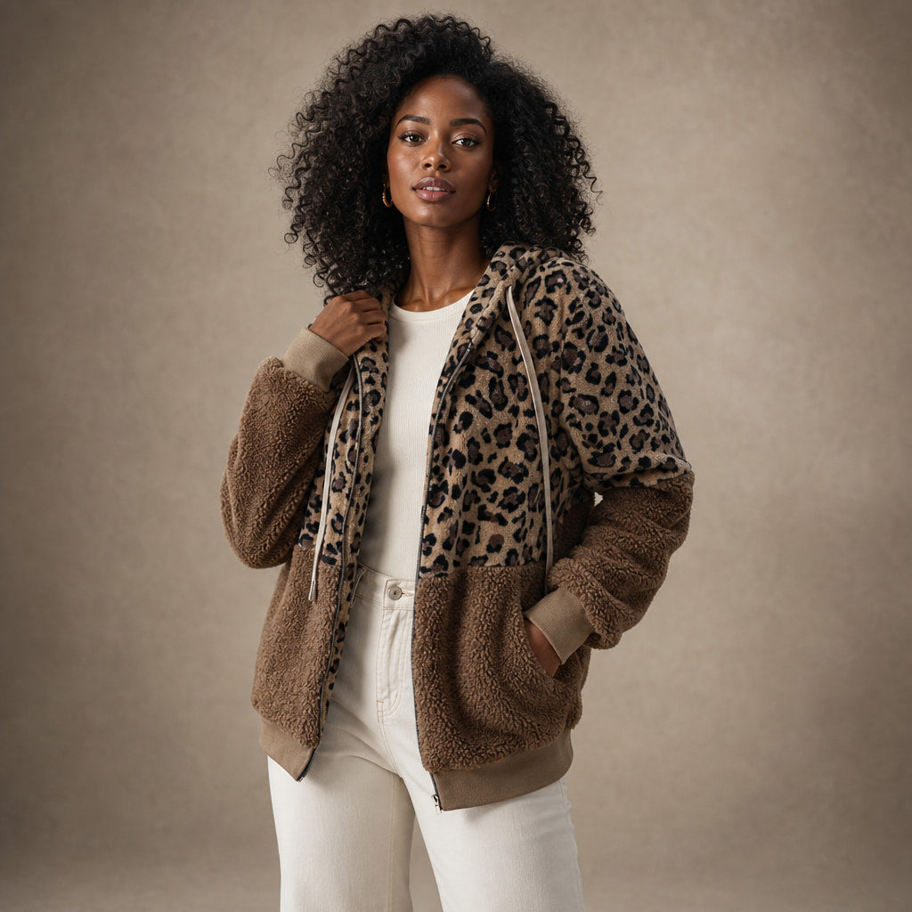 Hooded Fleece Sweatshirt with Leopard Design For Women Brown – Product Photo