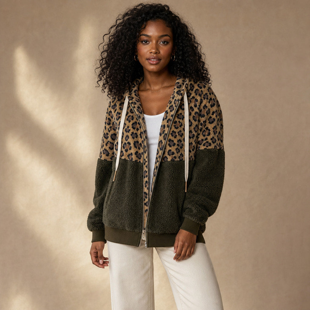 Hooded Fleece Sweatshirt with Leopard Design For Women in Green – Mampierimoda Premium Womenswear