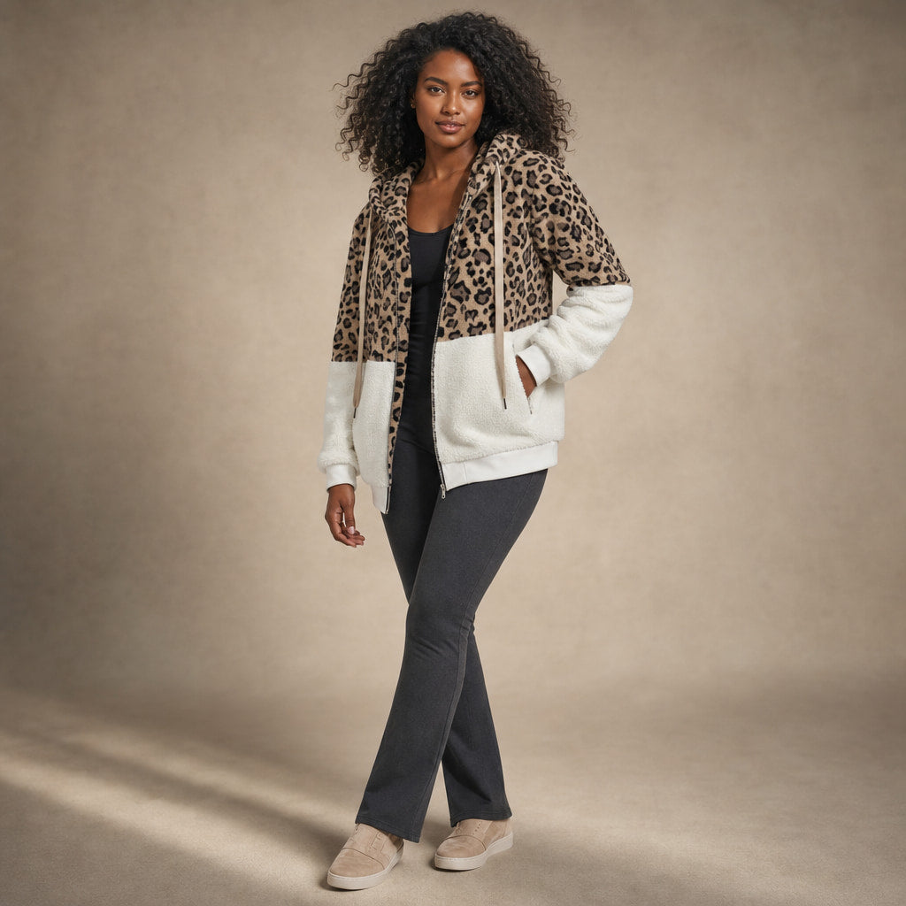 Hooded Fleece Sweatshirt with Leopard Design For Women White – Side Angle View