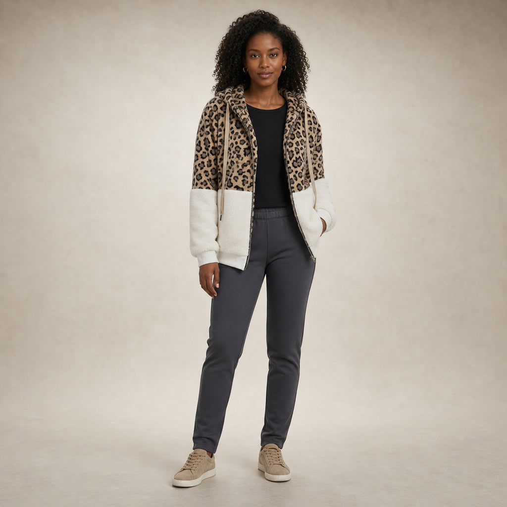Hooded Fleece Sweatshirt with Leopard Design For Women White – Full Look