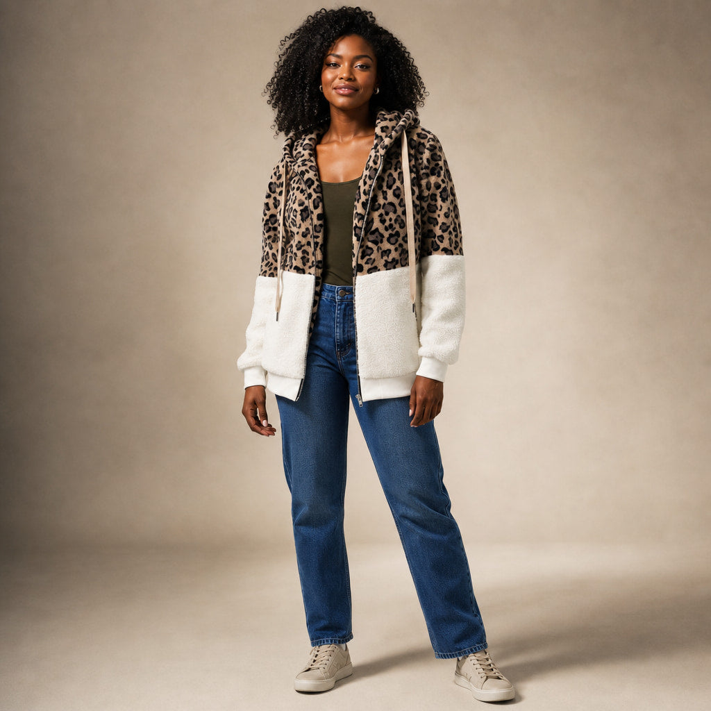 Hooded Fleece Sweatshirt with Leopard Design For Women in White – Mampierimoda Premium Womenswear