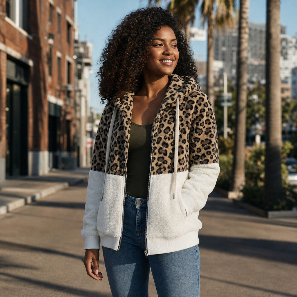 Hooded Fleece Sweatshirt with Leopard Design For Women White – Styled Editorial Shot