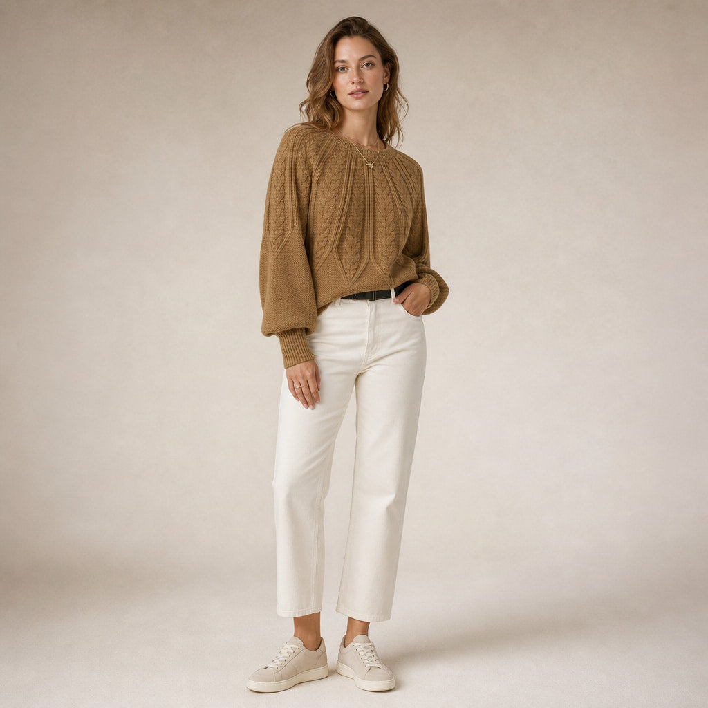 Knitted Cable Sweater with Loose Fit For Women Brown – Side Angle View