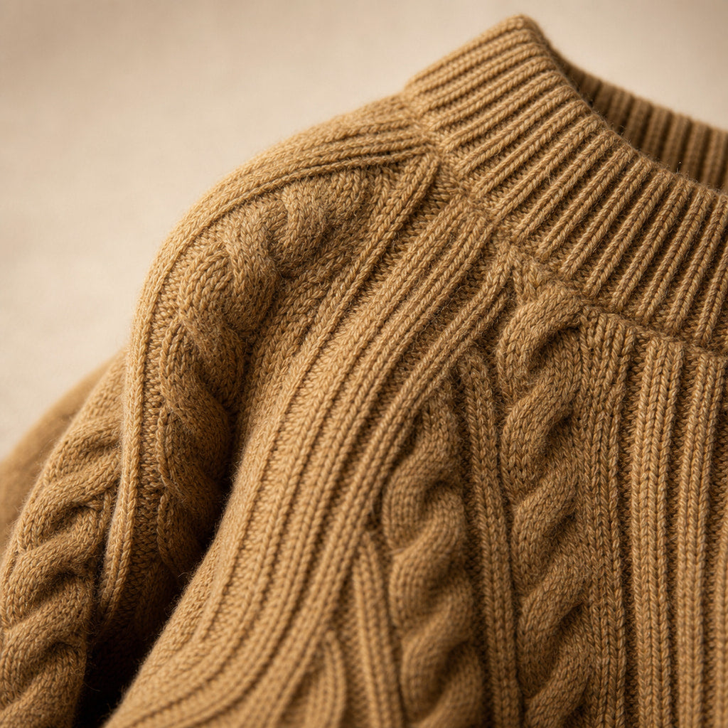 Knitted Cable Sweater with Loose Fit For Women Brown – Fabric and Detail Close-Up