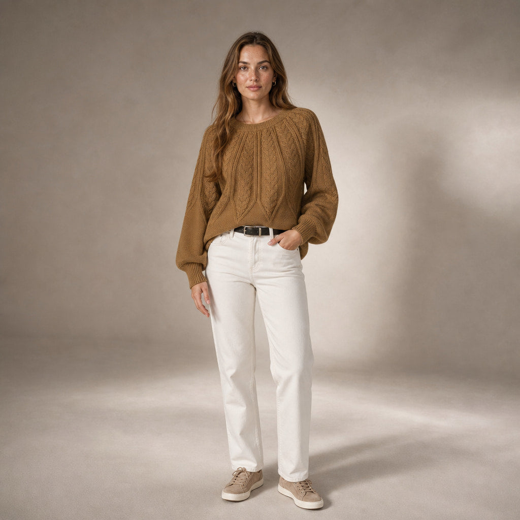 Knitted Cable Sweater with Loose Fit For Women Brown – Full Look
