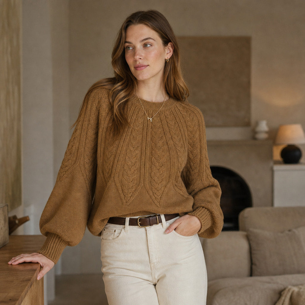 Knitted Cable Sweater with Loose Fit For Women Brown – Styled Editorial Shot