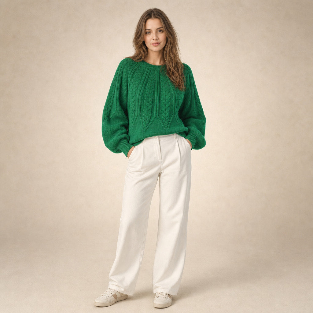 Knitted Cable Sweater with Loose Fit For Women in Green – Mampierimoda Premium Womenswear