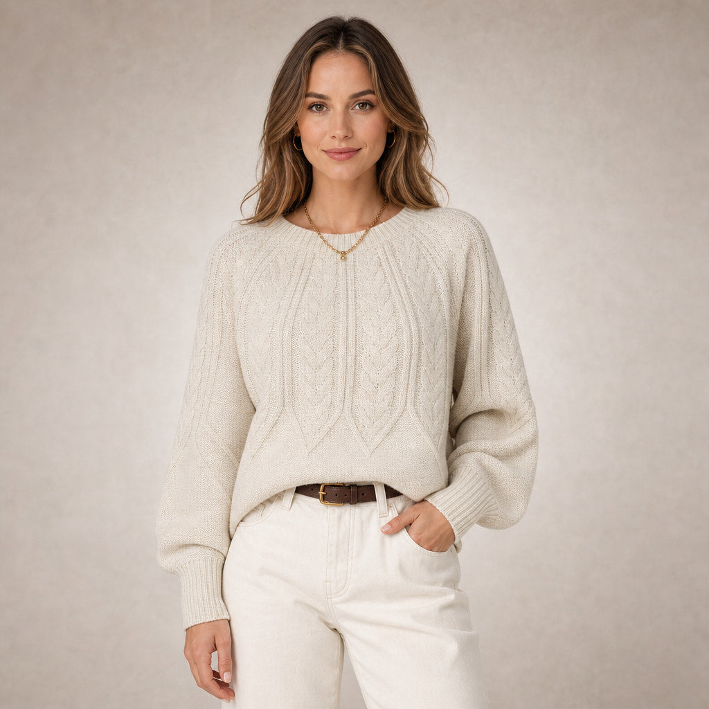 Knitted Cable Sweater with Loose Fit For Women in Khaki – Mampierimoda Premium Womenswear