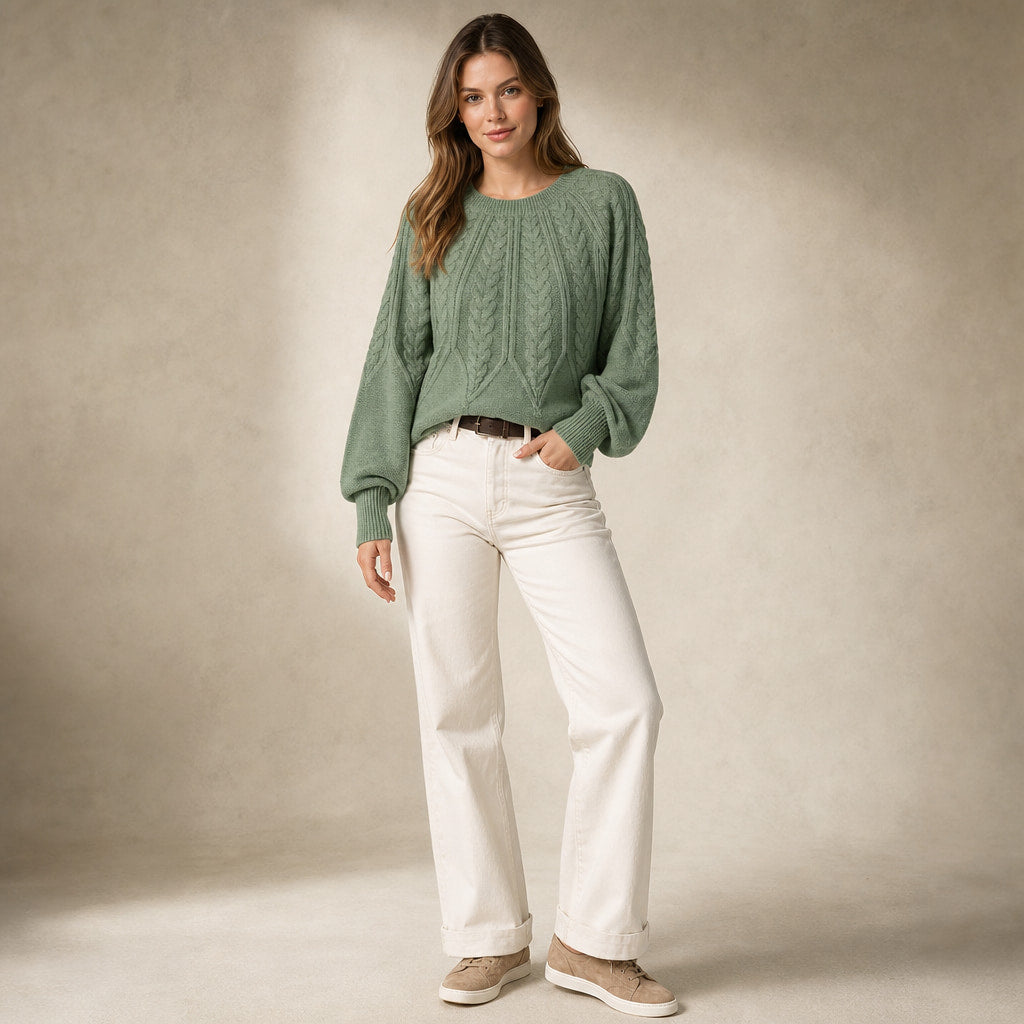 Knitted Cable Sweater with Loose Fit For Women in Olive Green – Mampierimoda Premium Womenswear