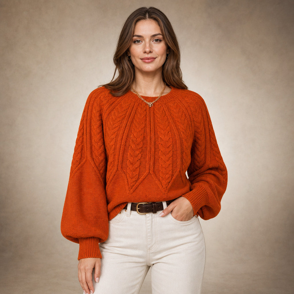 Knitted Cable Sweater with Loose Fit For Women in Orange – Mampierimoda Premium Womenswear